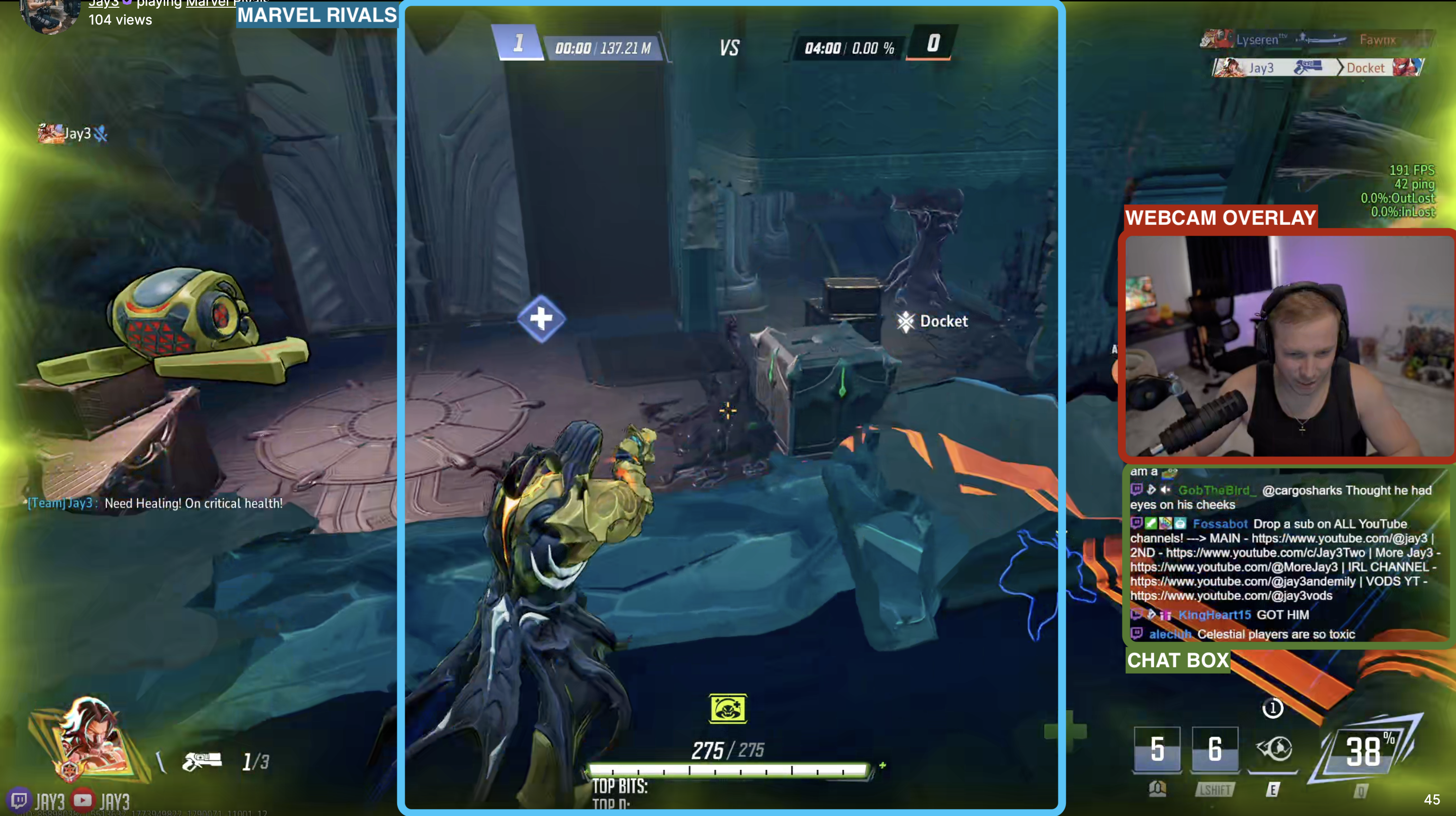 Gameplay stream with AI overlays marking gameplay, webcam, and chat regions